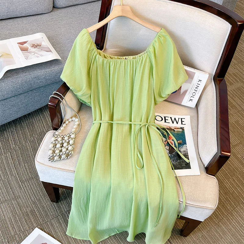 Plus Size 9XL 160kg Women Solid Dress Casual Loose Short Sleeve High Waist Dress Slash Neck Princess Kawaii Large Dresses