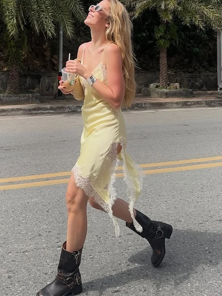 TFMLN New Sexy Lace Splice Sling Dress For Women Sleeveless Asymmetry Hem Backless V Neck Slim Dresses Chic Club Party Outfit