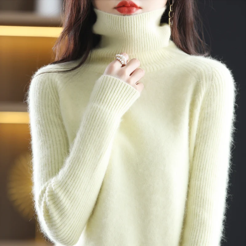 여성용 100% 밍크 벨벳 스웨터, 터틀넥 니트 풀오버, 부드럽고 따뜻한 단색 상의, 한국 버전, 가을 및 겨울 신상