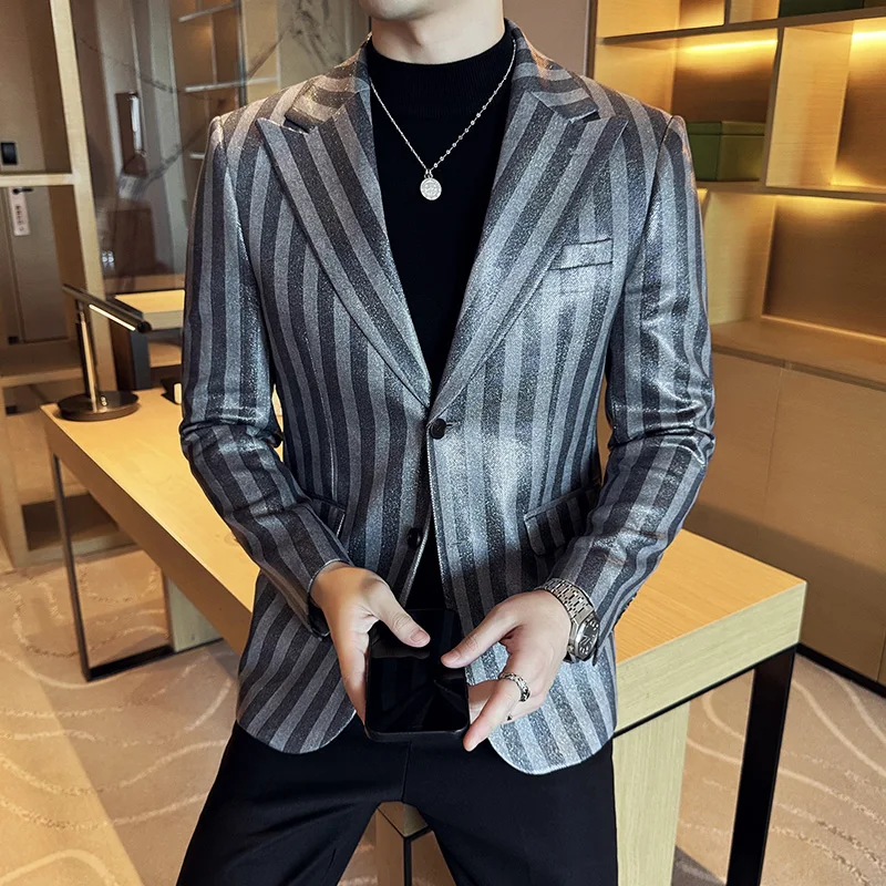 Striped Suede Suit Jacket Men Slim Fit Casual Business Blazers Korean Version Wedding Banquet Formal Jacket