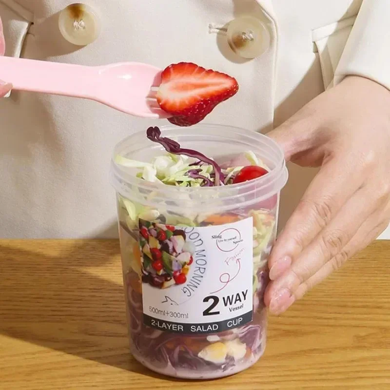 2Tier Salad Cup Breakfast Fruit Oat Yogurt Salad Cup Spoon Two Layer Food Portable Fitness Weight Reducing Food Storage