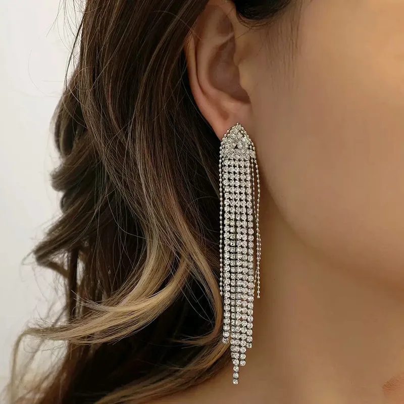 Long Crystal Tassel Earrings for Women Bridal Wedding Drop Dangling Earrings Evening Party Jewelry