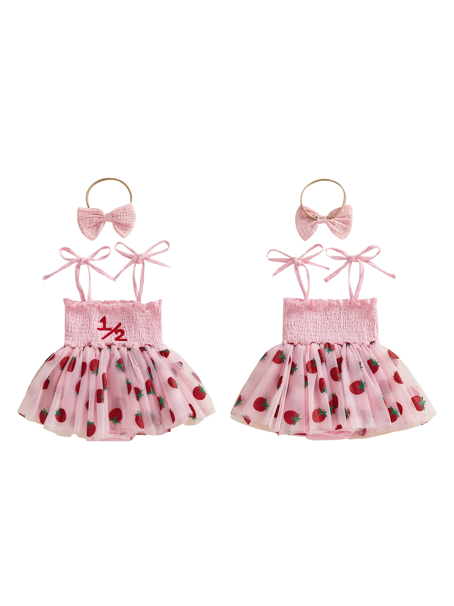 Toddler Girls Pink Floral Print Sleeveless Romper Dress with Bow Detail and Tulle Skirt for First Birthday Party