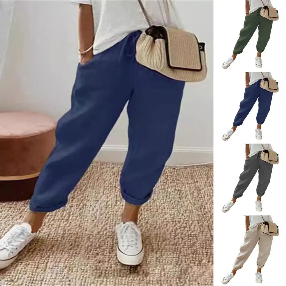 

Spring Summer Cotton Linen Pants Women's Solid Elastic High Wasit Lace Up Pockets Trouser Ladies Loose-fitting Nine Points Pants