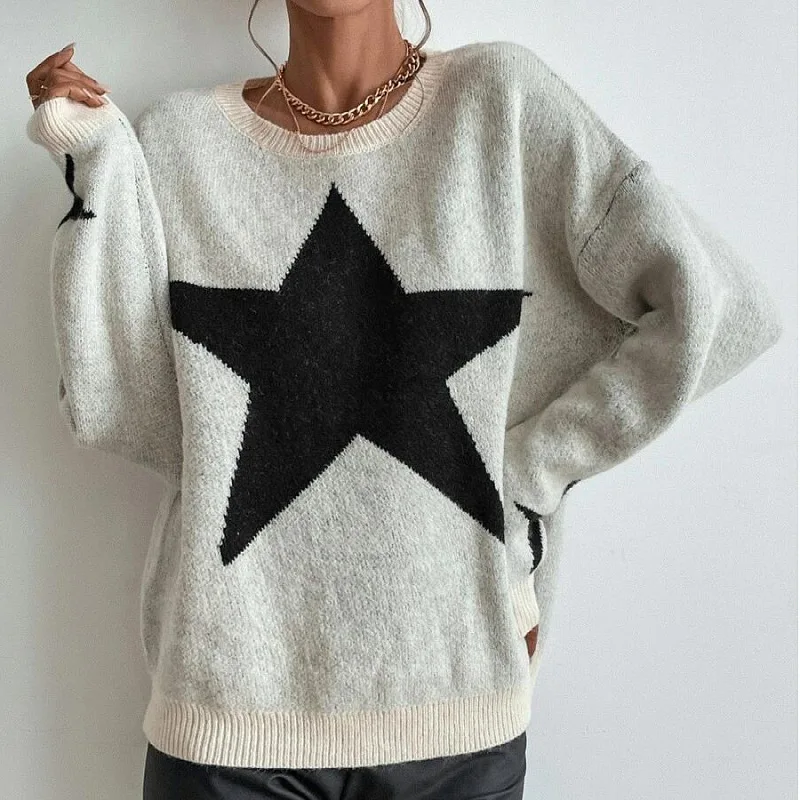 

Women Big Star Knit Sweater Ladies Knitted Star Pattern Long Sleeve Crew Neck Loose Pullover Sweaters Tops for Fall Winter