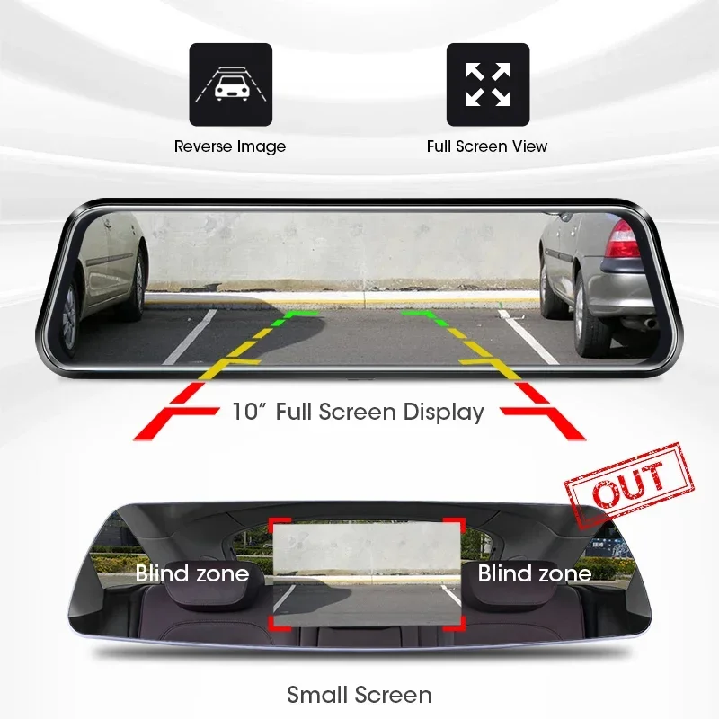 Jansite 10" Car DVR Touch Screen Stream Media 1080P Front/Rear Camera Dash cam Auto Video Recorders Rearview Mirror Backup cams
