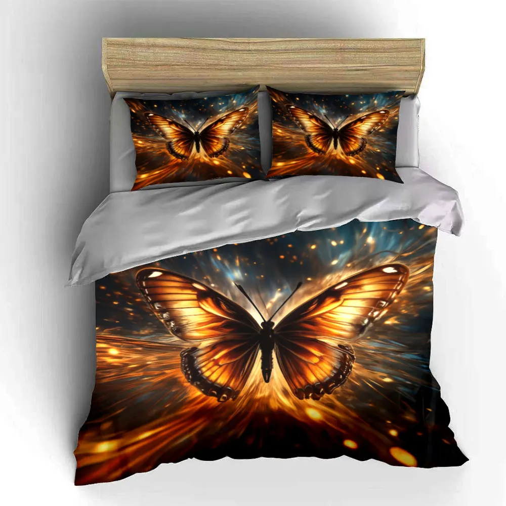 Golden Butterfly Bedding Set 3PC Magical Glowing Wings Print Duvet Cover with Pillowcases Art Style Bedding for Bedroom Decor 5