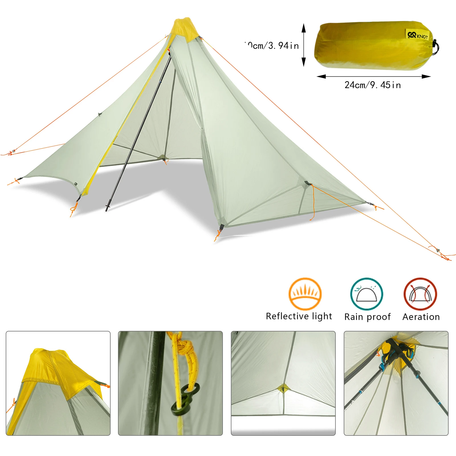 Ultralight 410g Outdoor Camping Tent 20D Nylon Two-side Silicone Coated Rodless Pyramid Flysheet 4-Season 2 Window Tent 1 Person