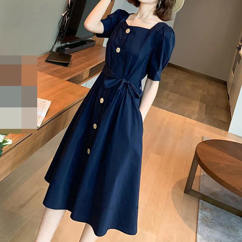 

Dress women's 2021 summer new square collar slim single-breasted mid-length harajuku dress vintage vestido de mujer