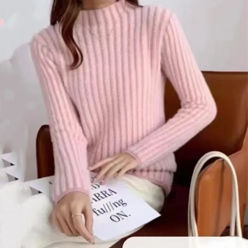 Autumn and Winter New Solid Color Women's Semi-turtleneck Long-sleeved Slim-fit Sweater Fashion Striped Knitwear Bottoming Shirt