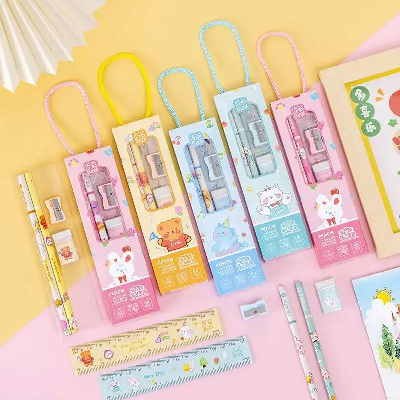 1 Set 5 Piece Stationery School Office Supplies Student Gift Prize Creative Kawaii Eraser Ruler Pencil Sharpener