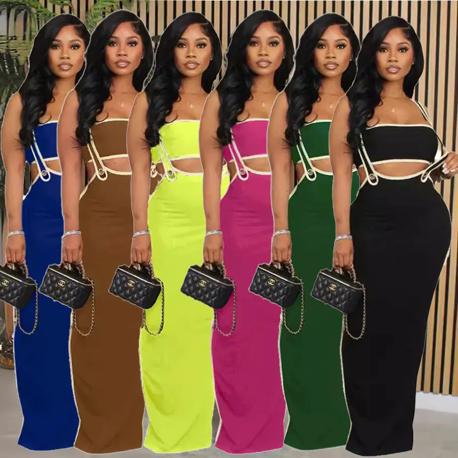 

Hot Sale Contrast Colors Women Spaghetti Dress Suit Summer Sleeveless Inner Top Club Casual Lady Dresses 2PCS Set