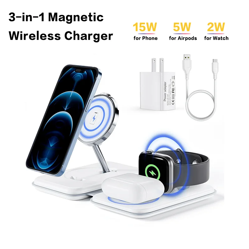 

3-in-1 15W Magnetic Wireless Charger Desktop Charging Stand for iPhone 12-15 AirPods Apple Watch Fast Charging