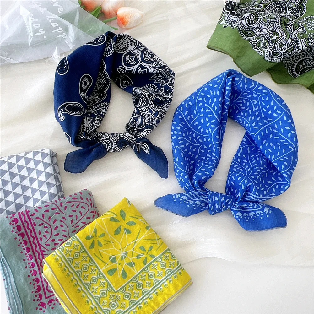 55*55cm Cotton Linen HairScarf Bandana Floral Print Neckerchief Square Handkerchief Turban Neck Scarf Hair Accessories For Women 1