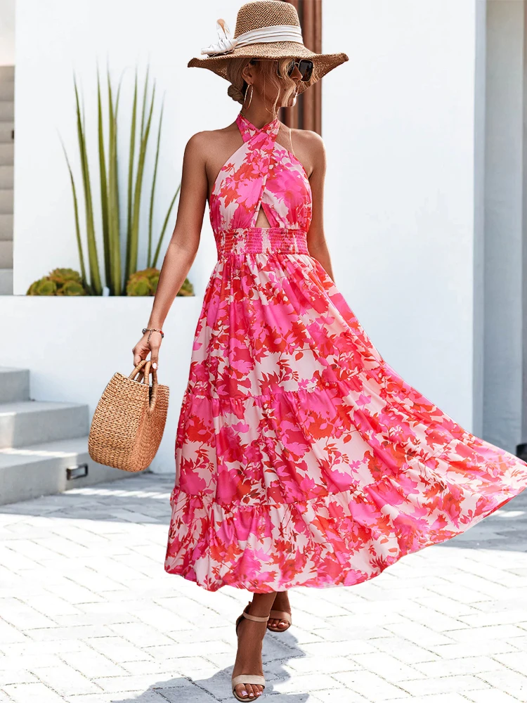 

New Fashion Women's Dress 2023 Sexy Open Back Neck Strap Printed Dress Temperament Dress for Women