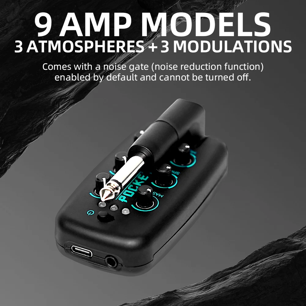 Pocket Rock Headphone Amplifier Guitar Bass Effects Portable Rechargeable Plug-In Amp Built-in 9 Different Amplifier Tones