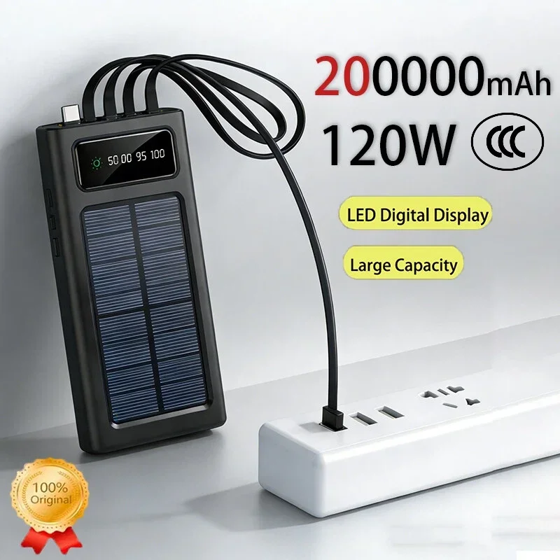 Banca di energia solare da 200000 mAh 120 W con cavo integrato Banca di energia solare portatile a ricarica ultra veloce per Iphone17 16 Samsung Xiaomi
