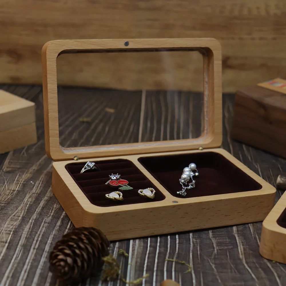 Beech Wood Open Window Acrylic Jewelry Box Bracelet Ring Necklace Bracelet Pendant Storage Solid Cover Jewelry Set Gift Box