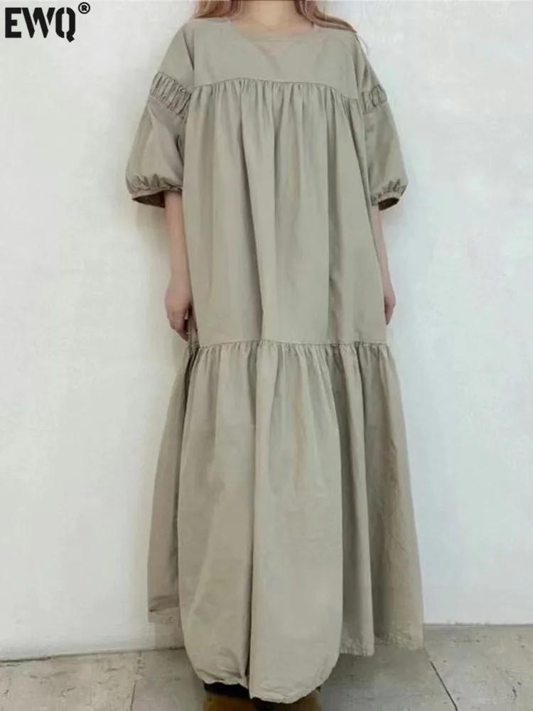 

[EWQ] Elegant Female's Dresses Loose Solid Color Black Gray Green Lantern Sleeves Long Dress For Women 2024 Spring Summer 6U9592