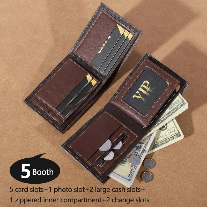 Men's Vintage High-Capacity Leather Coin Wallet with Multiple Photo Slots