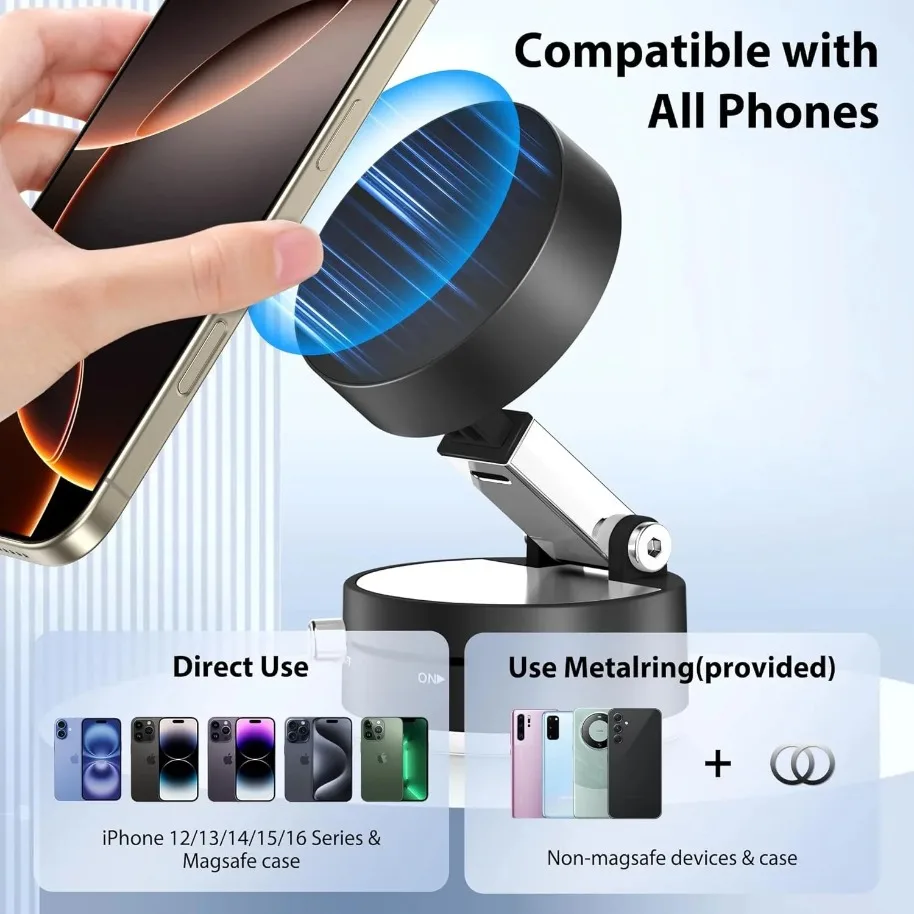 Vacuum Magnetic Suction Cup Car Phone Holder Foldable Suction Stand for iPhone 17/16/15/14/13/12 Pro Max For Mirror/Dashboard