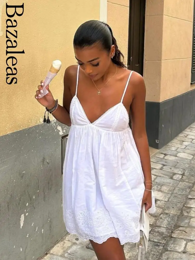2025 official store Party Midi Long Dresses Spaghetti Strap Dress Elegant White Summer Dress Cutwork Embroidery Mini 1