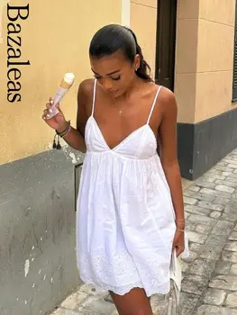2025 official store Party Midi Long Dresses Spaghetti Strap Dress Elegant White Summer Dress Cutwork Embroidery Mini 1