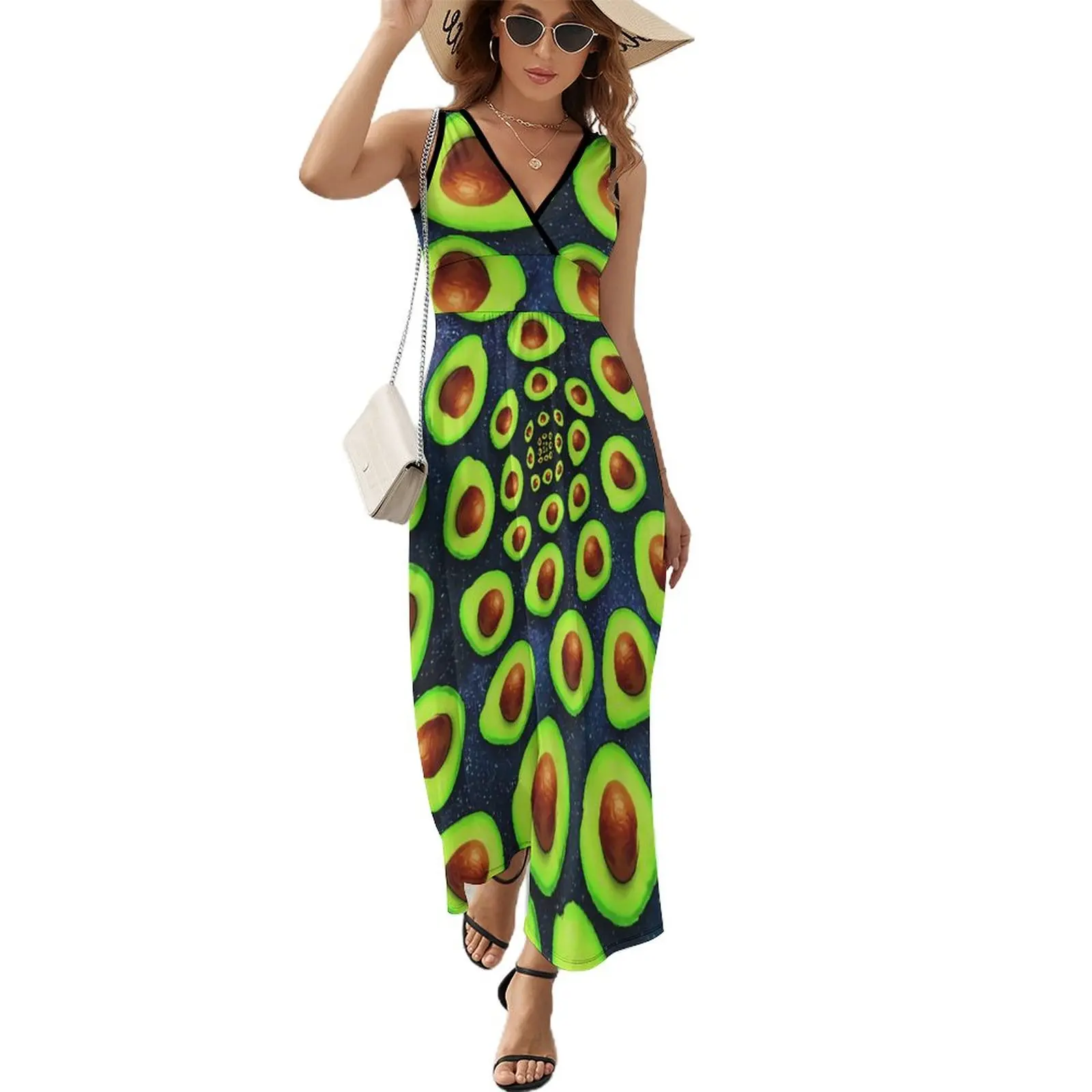 

Avocado Spiral Dress Green Fruit Print Vintage Maxi Dress Aesthetic Bohemia Long Dresses High Waist Custom Oversize Vestido