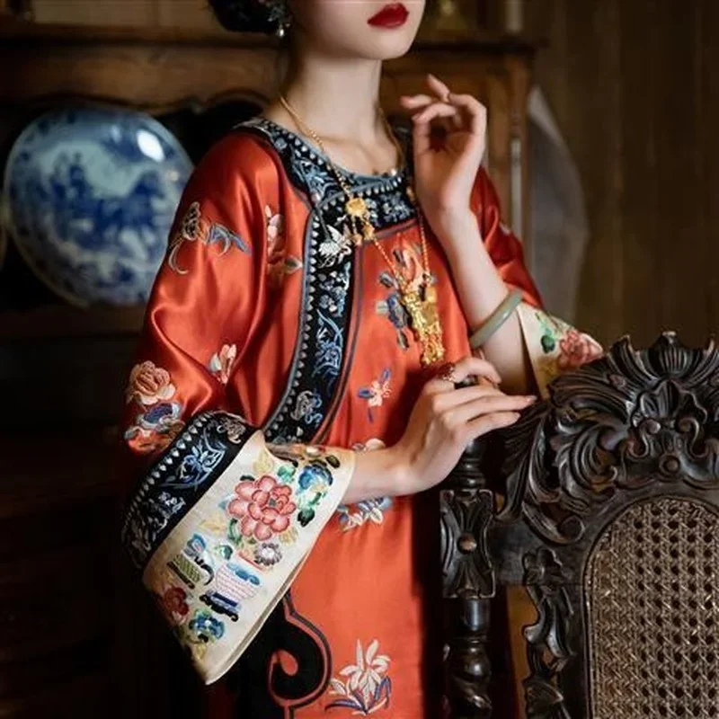 

Chinese Qing Dynasty Cloak Qipao Red Hanfu Cheongsam Dress China Imitation Embroidery Costume Women's Clothing Oriental Dresses