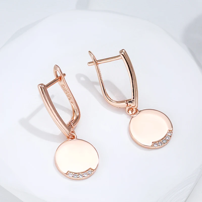 Kinel 585 Rose Gold Farbe Runde Münze Baumeln Ohrringe für Frauen Einfache Fashion Party Feine Schmuck Glänzend Natürliche Zirkon Ohrringe