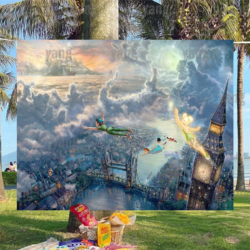 Custom Boy Baby Disney Peter Pan Castle In The Sky Sfondo Pastel Cartoon Kids Birthday Party Background Puntelli Per Striscioni In Poliestere