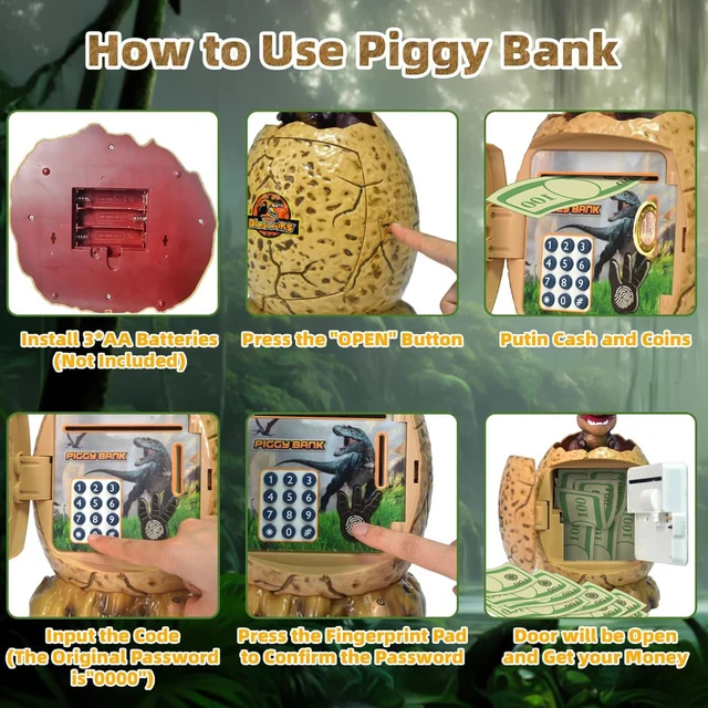 3 in 1 Dinosaur Egg Piggy Bank Fingerprint Password Lock Money Saving Box Electronic ATM Luminous Cash Box Kid Play House Toy 6