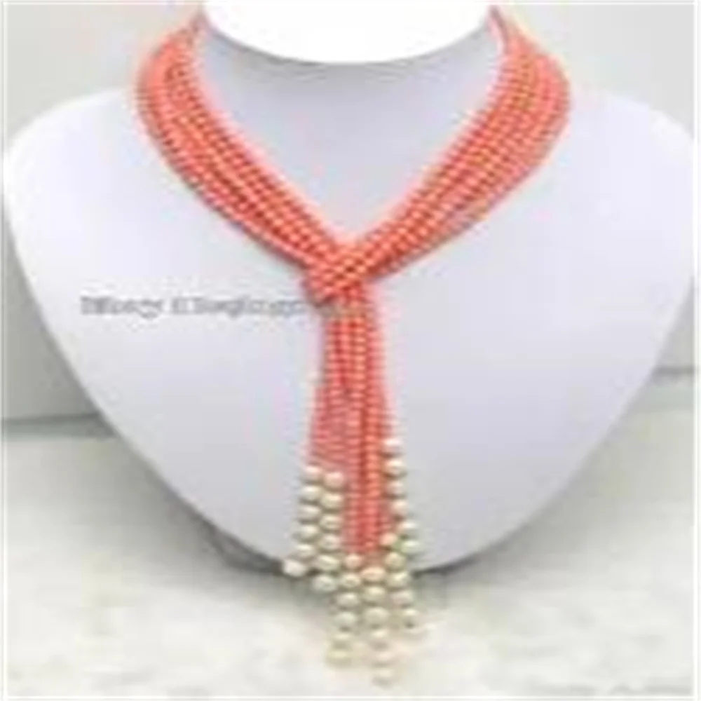 

SALE Long 50" Natural 3 Strands Pink round Coral & White Pearl Necklace-nec