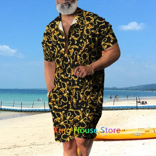 Men Hawaiian Shirt Set Summer Luxury Chain Holiday Clothes For Men Short Sleeve Oversized  Beach Shorts Male 2 Piece Suit Outfit