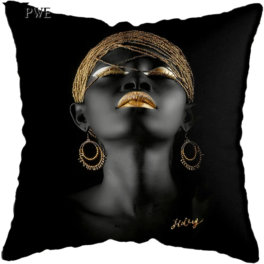 

45*45CM Modern Living Room Black Gold African Lady Woman Style Look Art Deco Sofa Pillowcase Cushion Cover