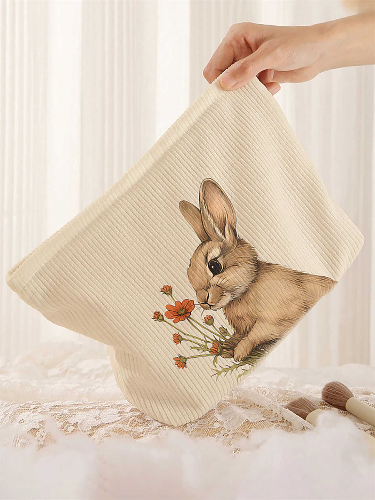 1 rabbit patterned corduroy makeup bag, lightweight zipper makeup storage box, multifunctional bag with lining