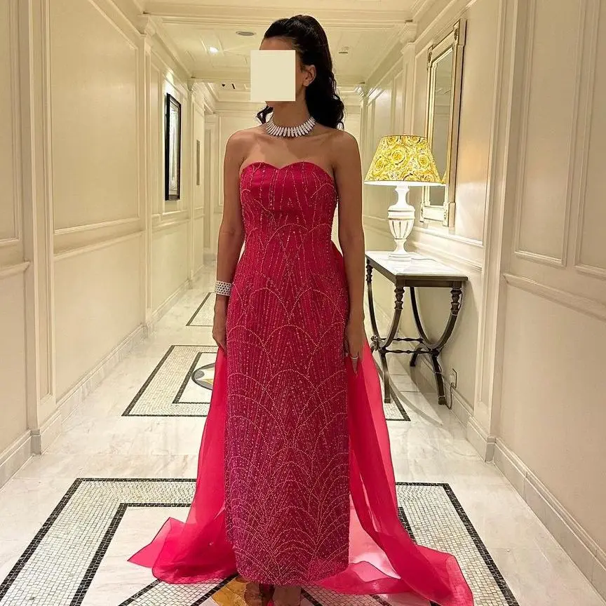 

Red Strapless Mermaid Prom Dresses Floor Length Evening Dress Zipper Back Luxury Saudi Arabia Women's Formal Wedding