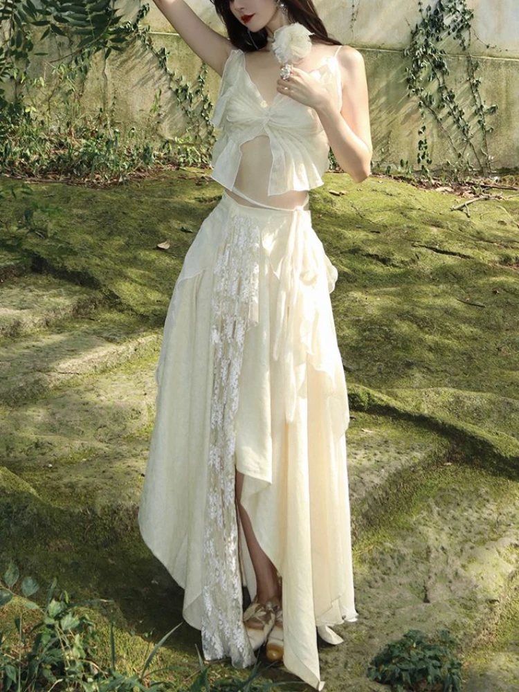 

French Vintage Two Piece Set Women Evening Party Irregular Elegant Skirt Suit Female Sleeveless Korean Style Lace Fairy Set 2023