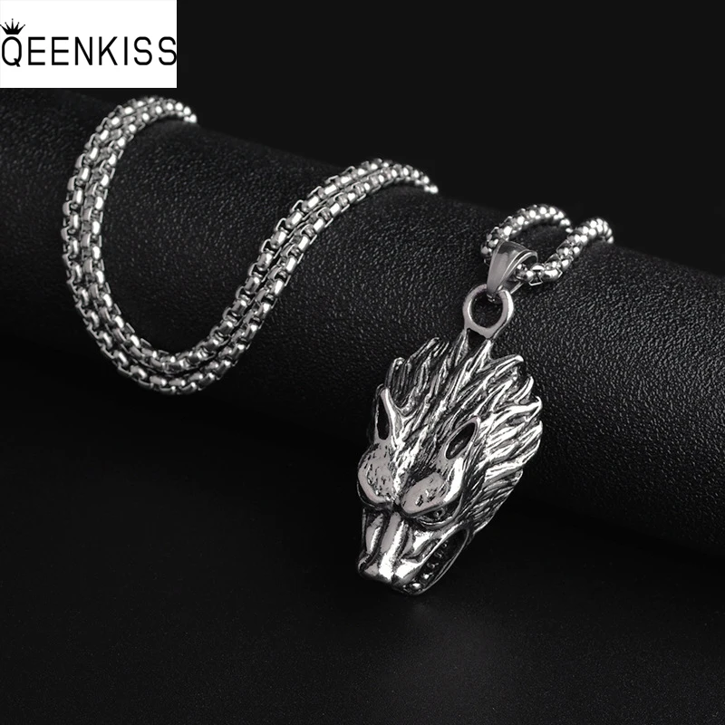 

QEENKISS NC8125 Fine Jewelry Wholesale Fashion Woman Man Birthday Wedding Gift Hip-hop Wolf Head Pendant Titanium Steel Necklace