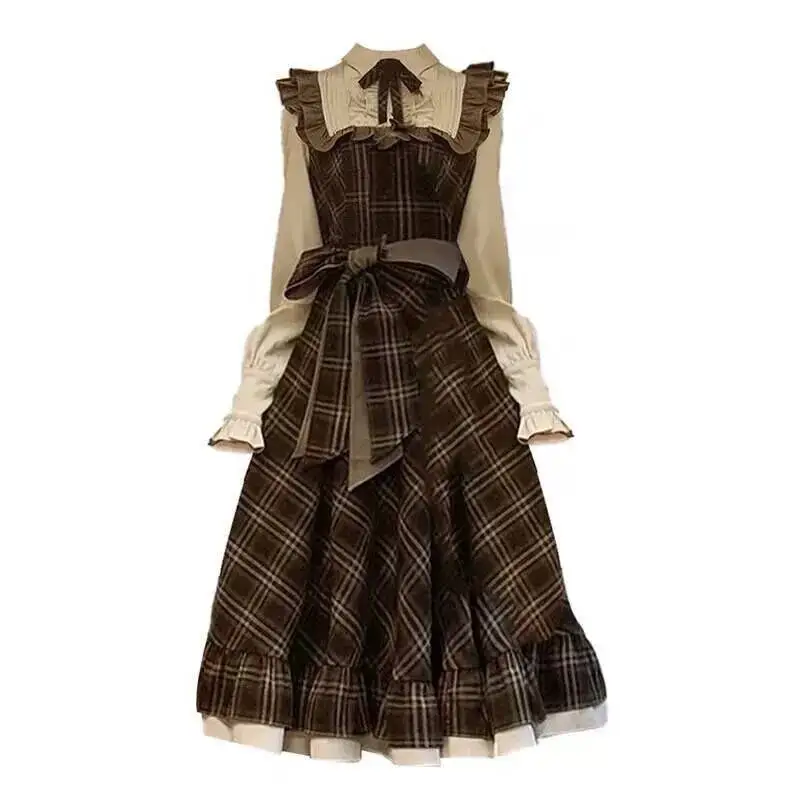 Vintage Lolita Two-Piece Dress - Plaid Bow Slim Fit Skirt for Women Winter 2024 Fashion