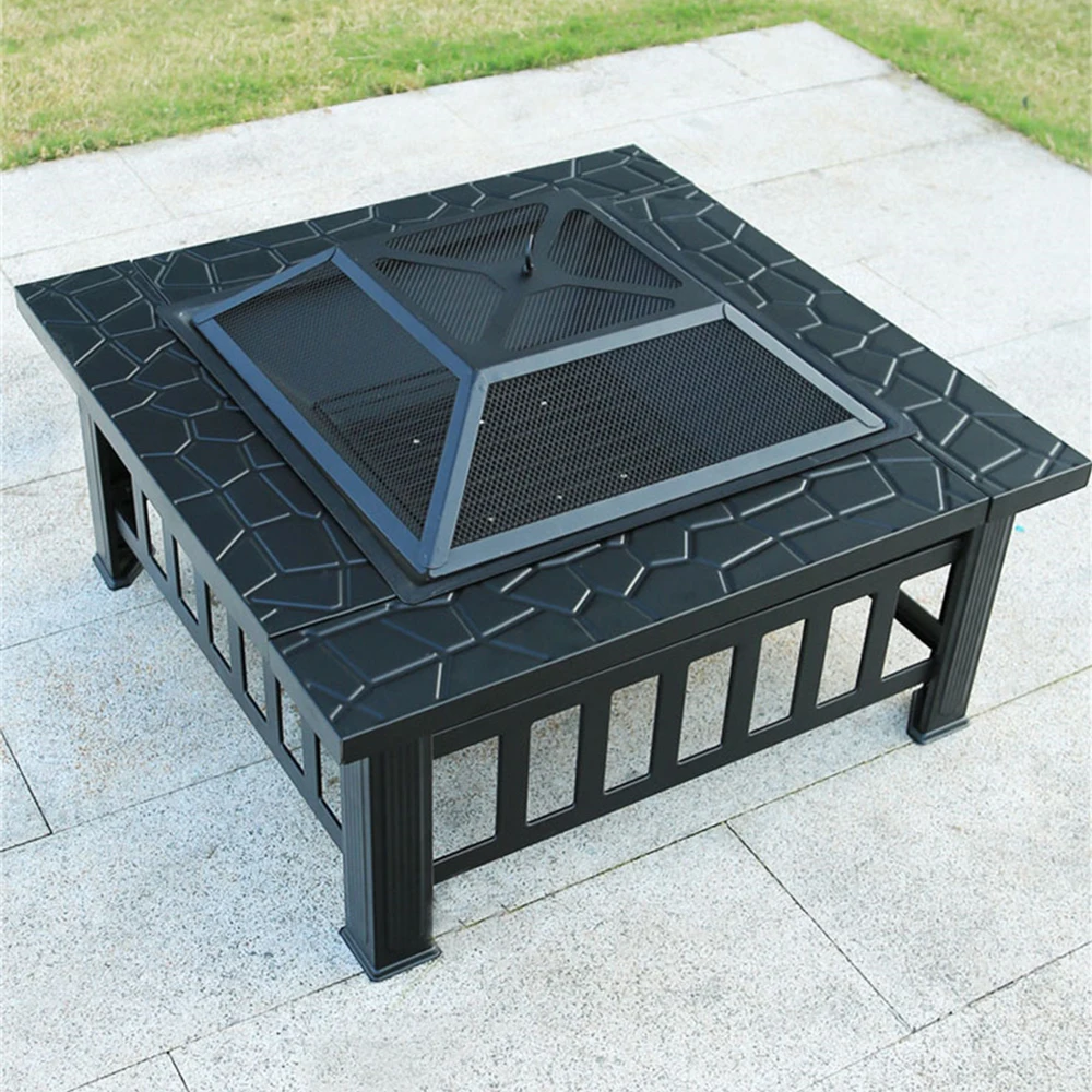 Outdoor Barbecue Grill Charcoal BBQ Tool Fire Pit Square Courtyard Camping Table Family Gathering 3 in 1