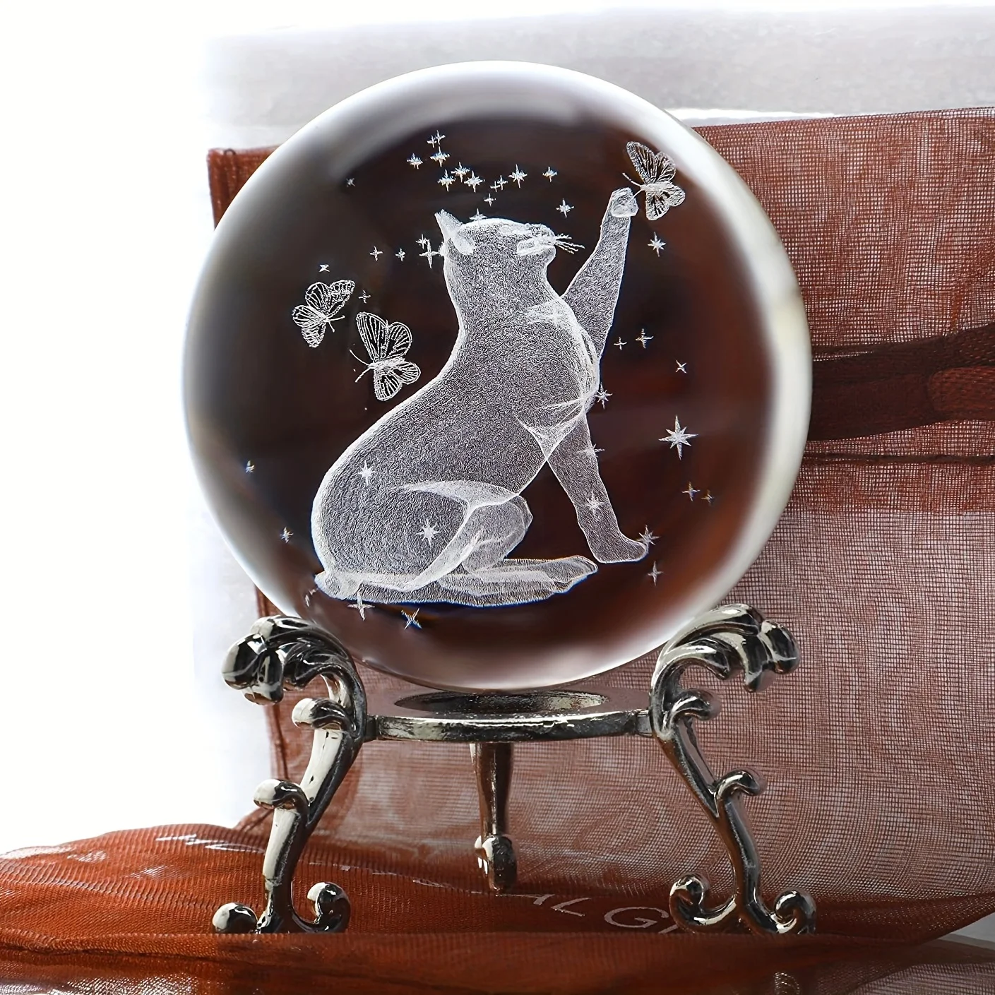 

3D Laser Cat And Butterfly Statue Crystal Ball, Decorative Ball, Home Decor Gift 60mm, 2.4inch