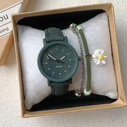 Korean Retro Harajuku Style Dark Green Girl Frosted Leather Quartz Watch Delivery Box Bracelet Children's Birthday Gift Clock