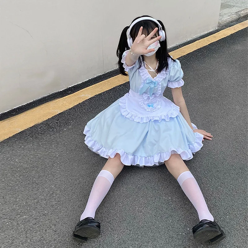 Soft Girl Lolita Dress Anime Blue Maid Dress Japan Lolita Clothing Maid Skirt Women's Big Size School Sweet