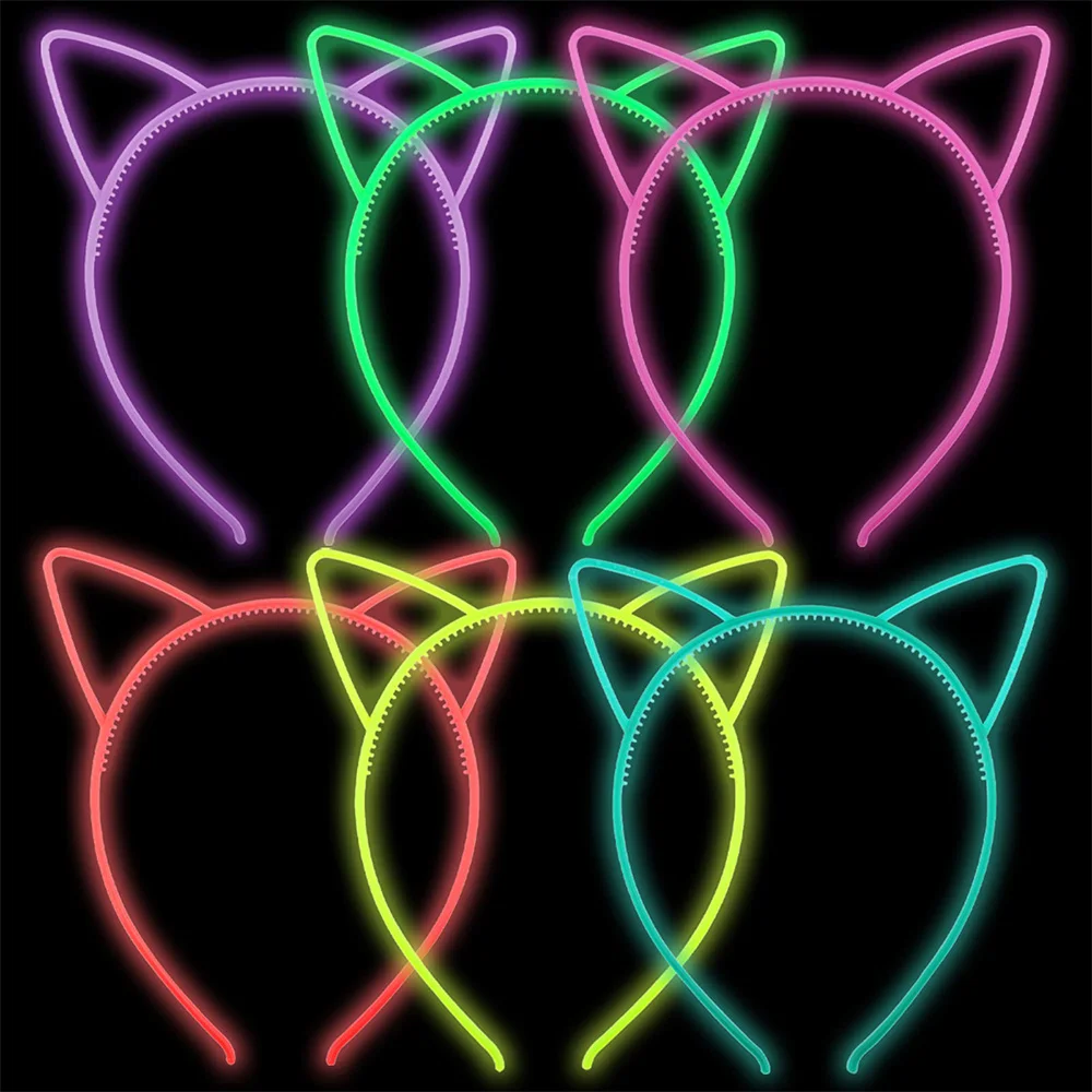 

6pcs Plastic Cat Ear Headbands for Girls Glow in the Dark Kitty Headbands Kids Cat Bunny Tiara Party Costume Christmas Headwear