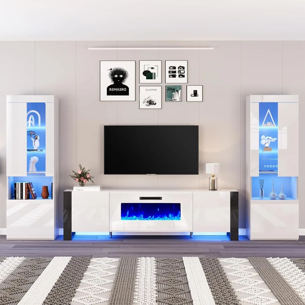 Fireplace TV Stand 70" 36" Electric Fireplace 2 Large Storage LED Bookcases 3 Piece Living Room Entertainment Center