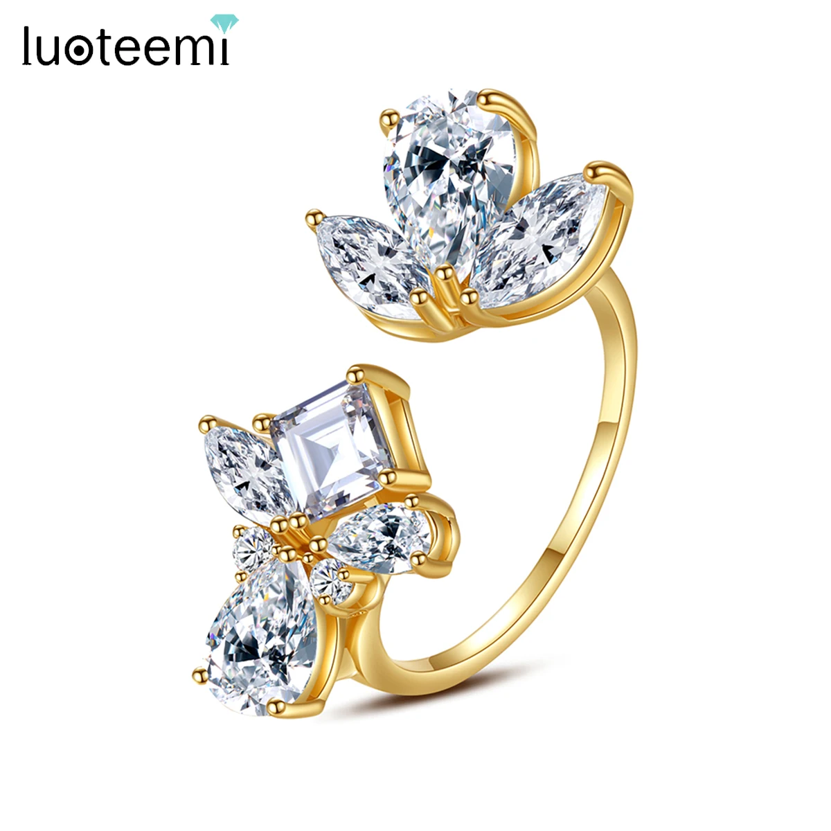 

LUOTEEMI Unique Design Geometric Open Ring Cubic Zirconia Women CZ Stones Flower Adjustable Rings Trending Girl Fashion Jewelry