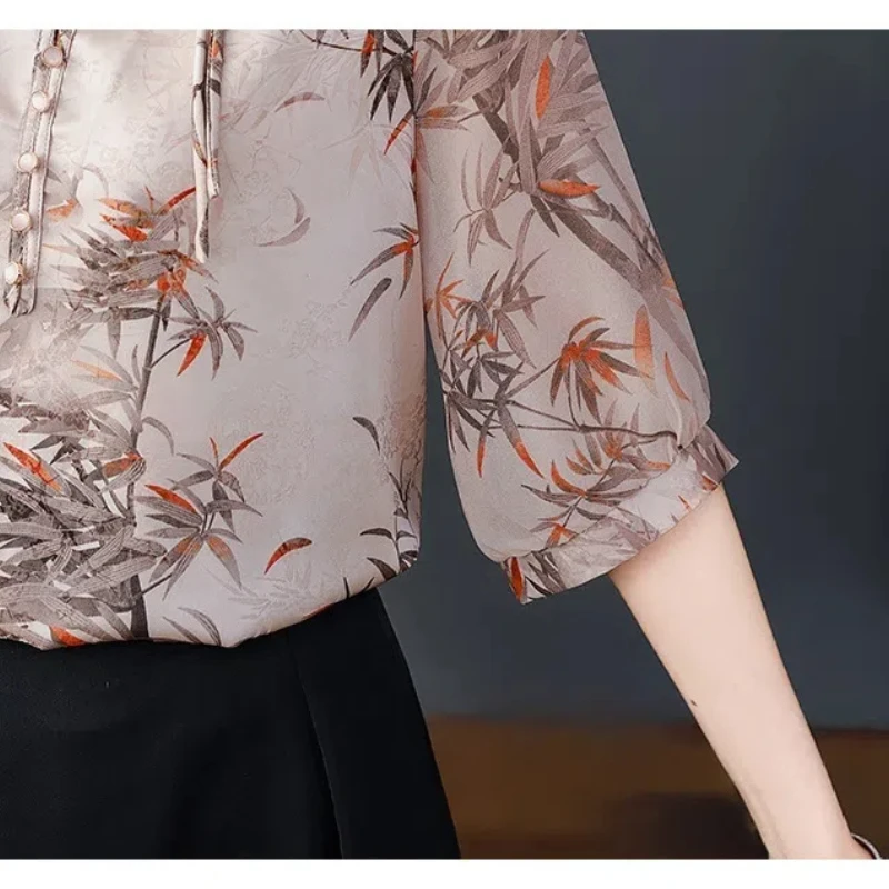 Chinese Style Summer Women's 2024 New Patchwork O-Neck Button Printing Fashion Slim Comfortable Casual 3/4 Sleeve Blouses Shirts