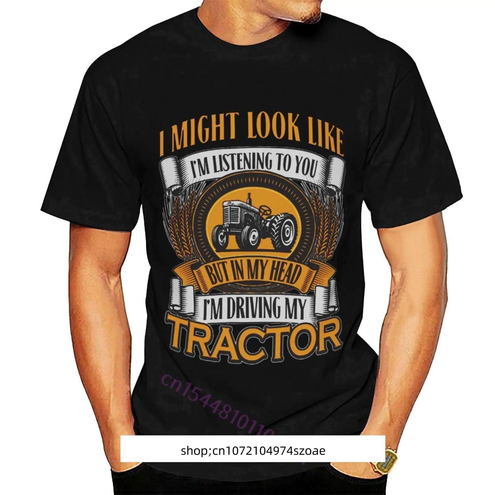 Kaus Pria Gambar Cetak Kustom Leher O Mode Katun 100% Kaus Wanita Lucu Hitam Traktor Saya Mengemudi