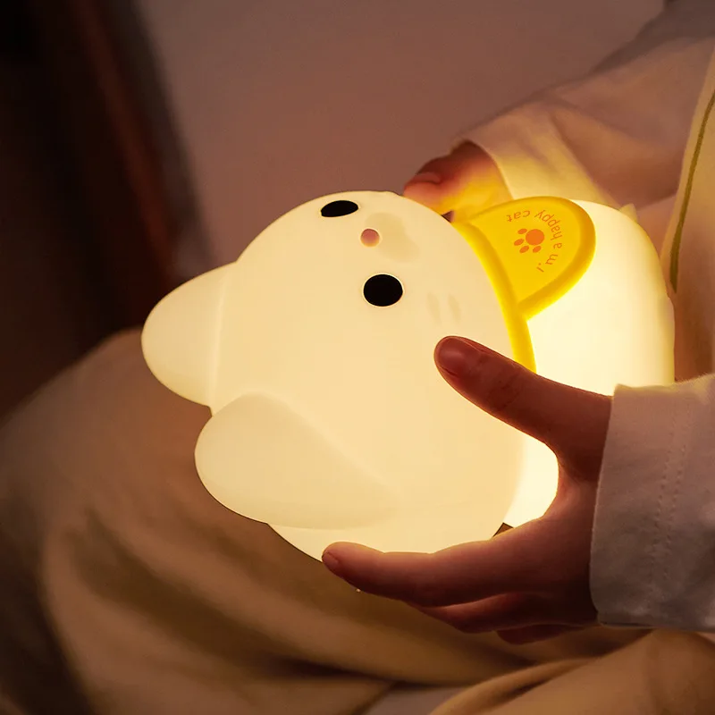 Lucky Cat Night Light USB Charging Timer LED Silicone Tapping Light Children Bedside Warm Healing